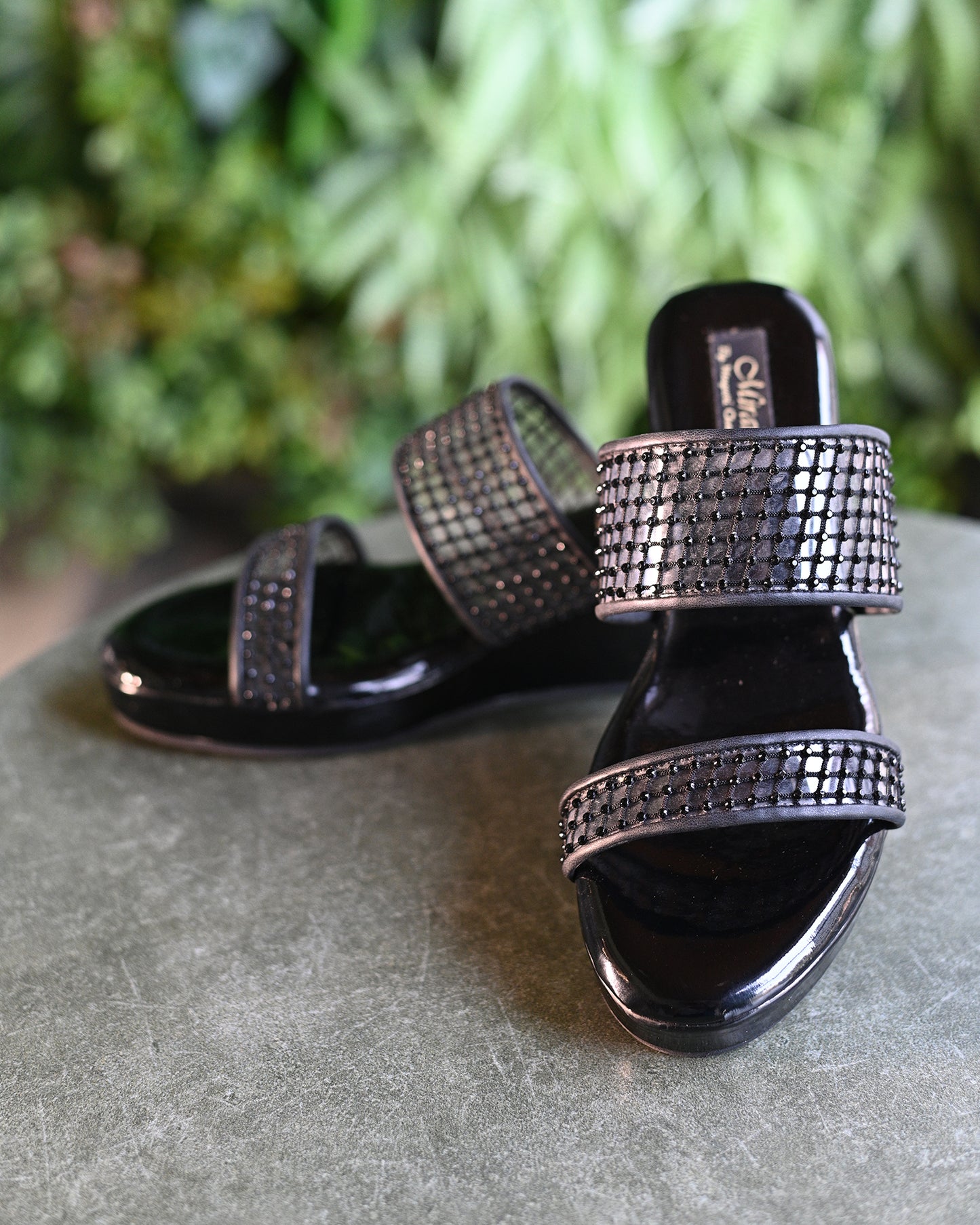 Black Dual Strap Wedges With Crystal Detailing