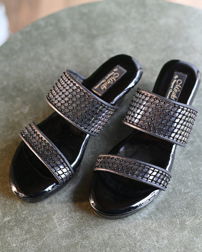 Black Dual Strap Wedges With Crystal Detailing