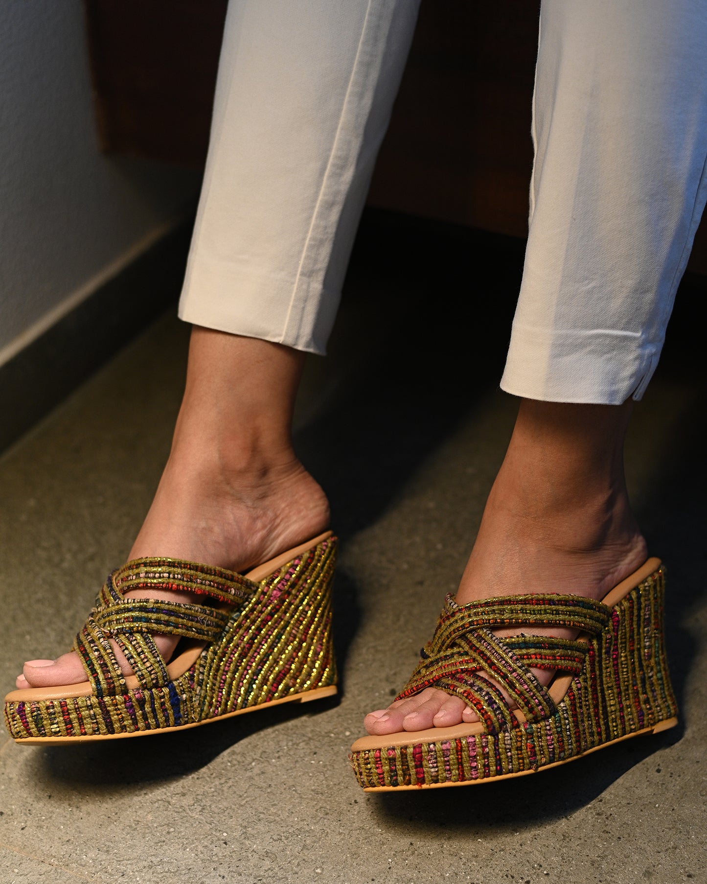 Gold And Jute Multi-Coloured Criss Cross Strap Wedges
