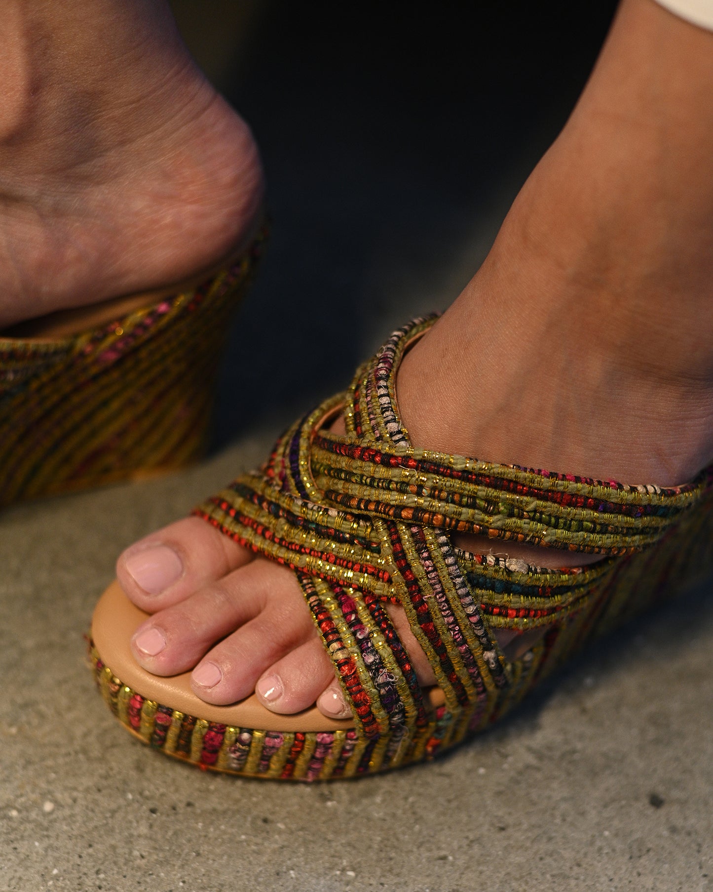 Gold And Jute Multi-Coloured Criss Cross Strap Wedges