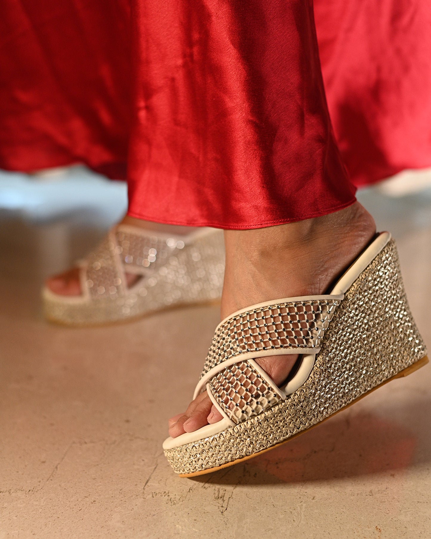White Cross Strap Crystal Wedges