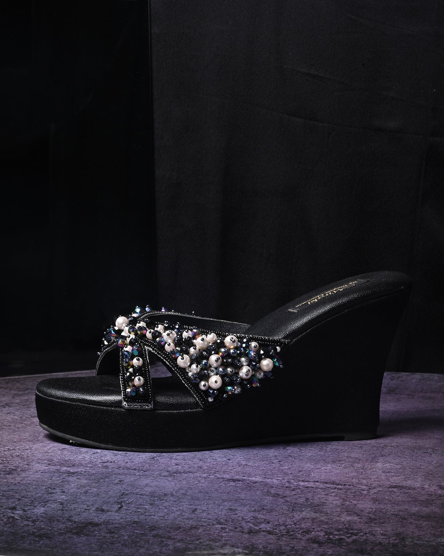 Black Handwork Wedges With Beads And Pearls