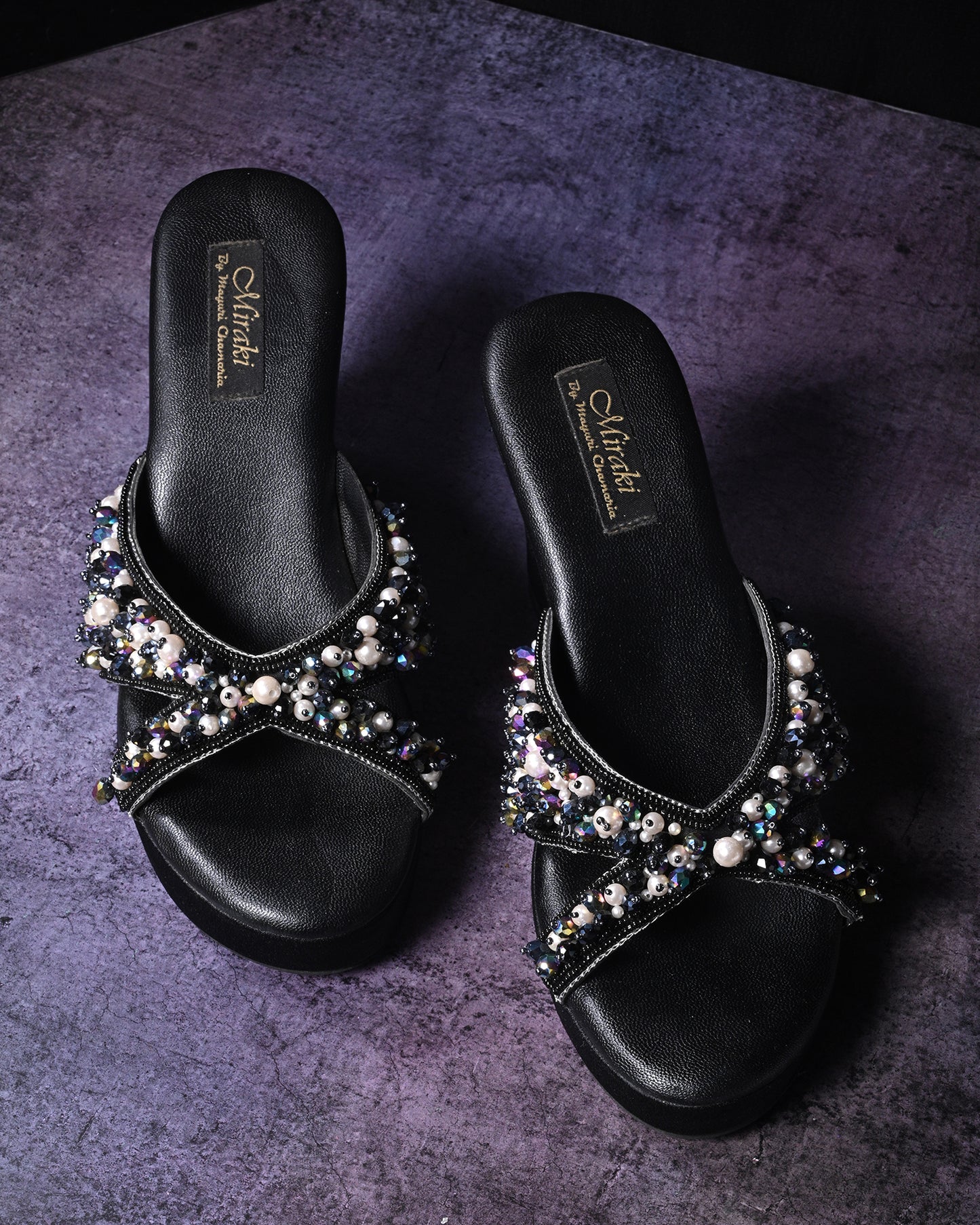 Black Handwork Wedges With Beads And Pearls