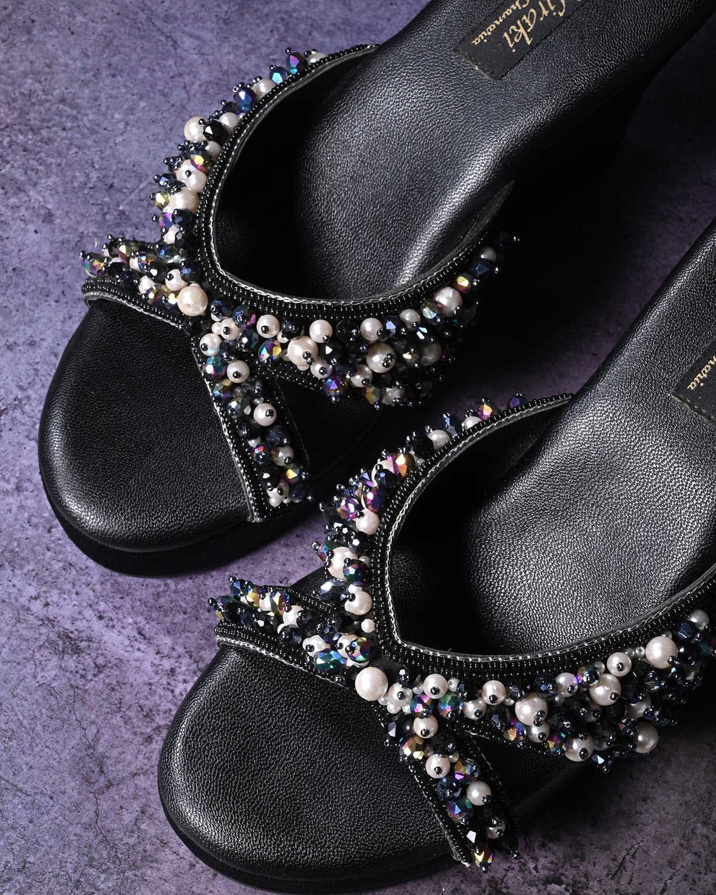 Black Handwork Wedges With Beads And Pearls