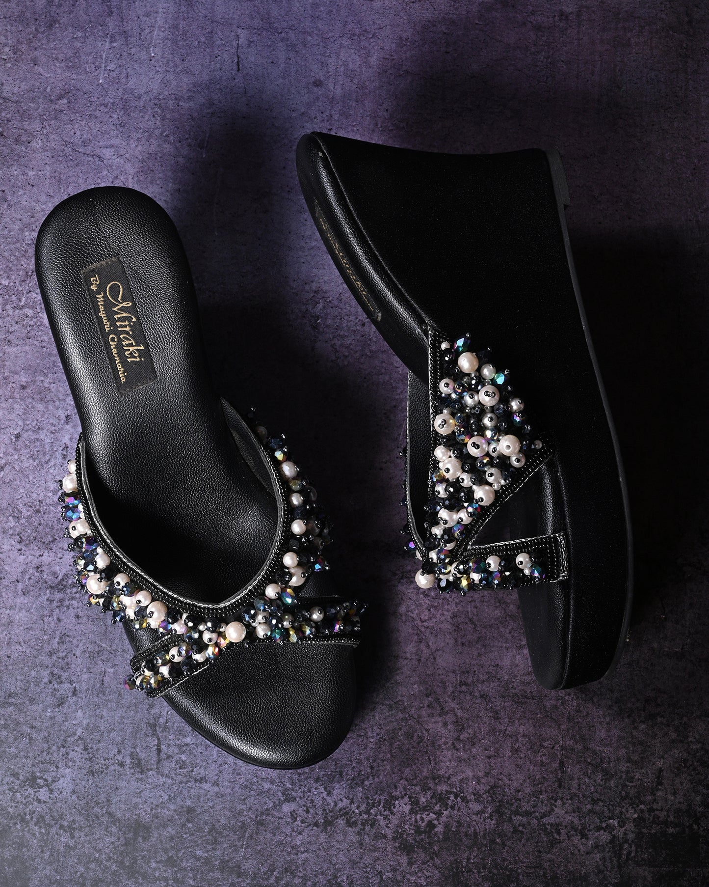Black Handwork Wedges With Beads And Pearls