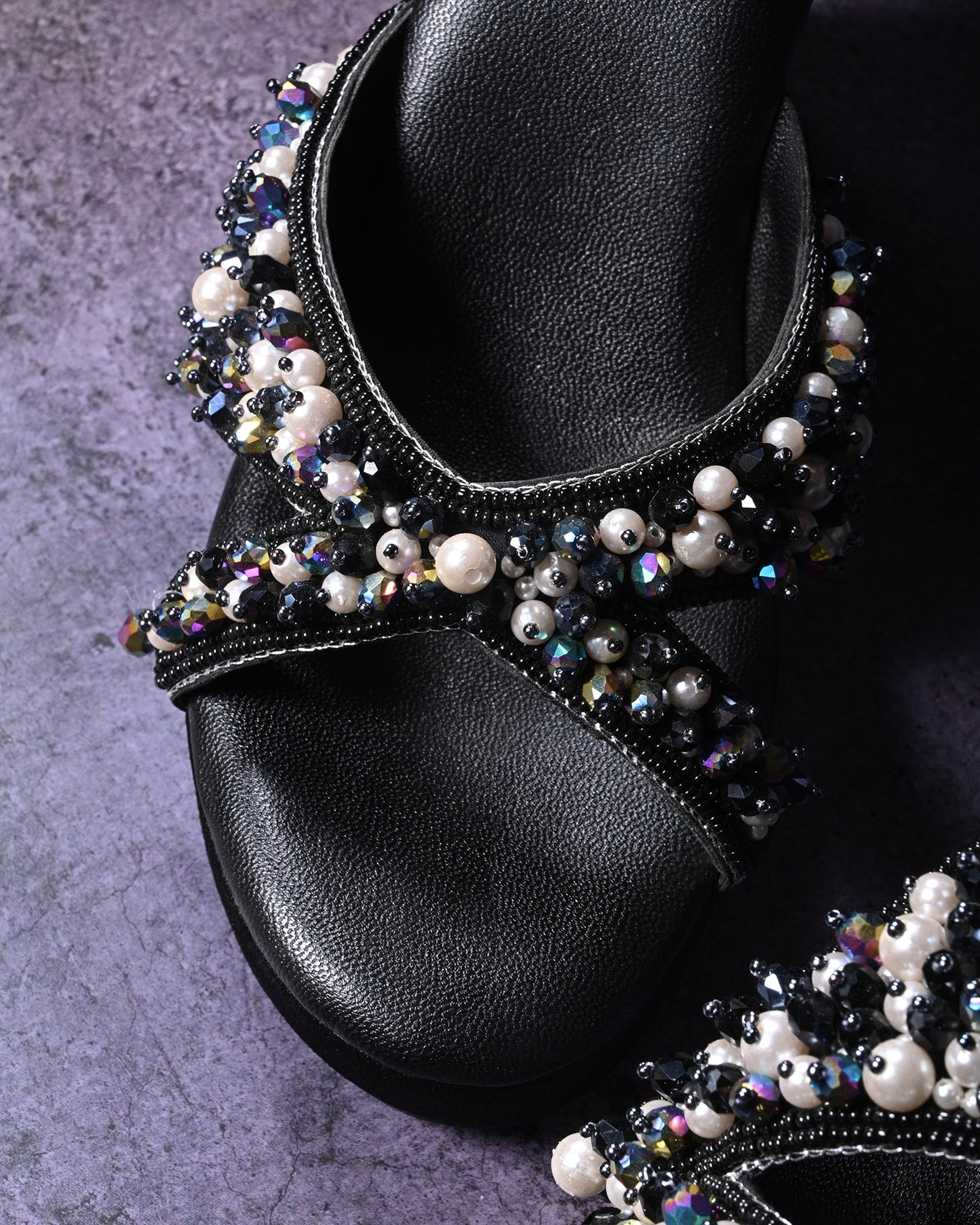 Black Handwork Wedges With Beads And Pearls