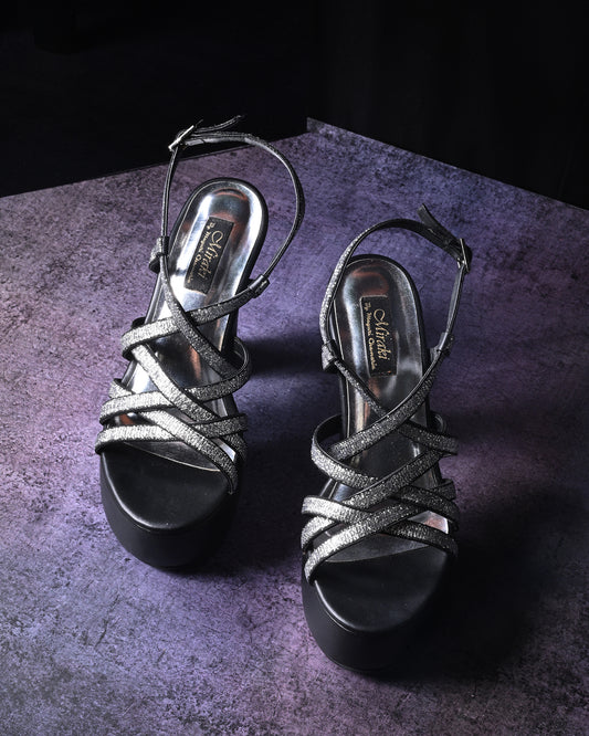 Strappy Black And Silver Block Heels With Lift