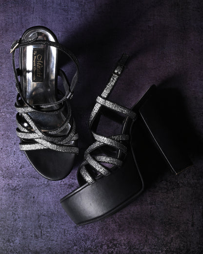 Strappy Black And Silver Block Heels With Lift