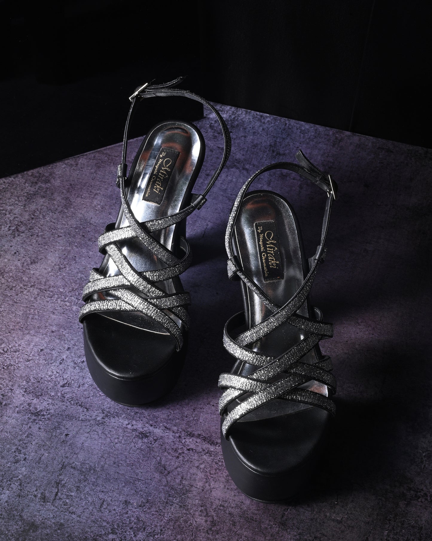 Strappy Black And Silver Block Heels With Lift