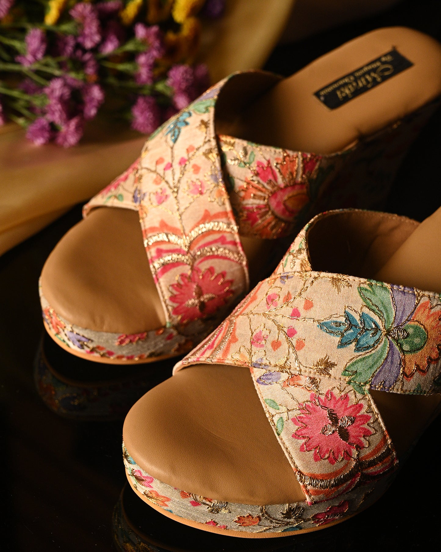 Floral Print Cross Strap Wedge