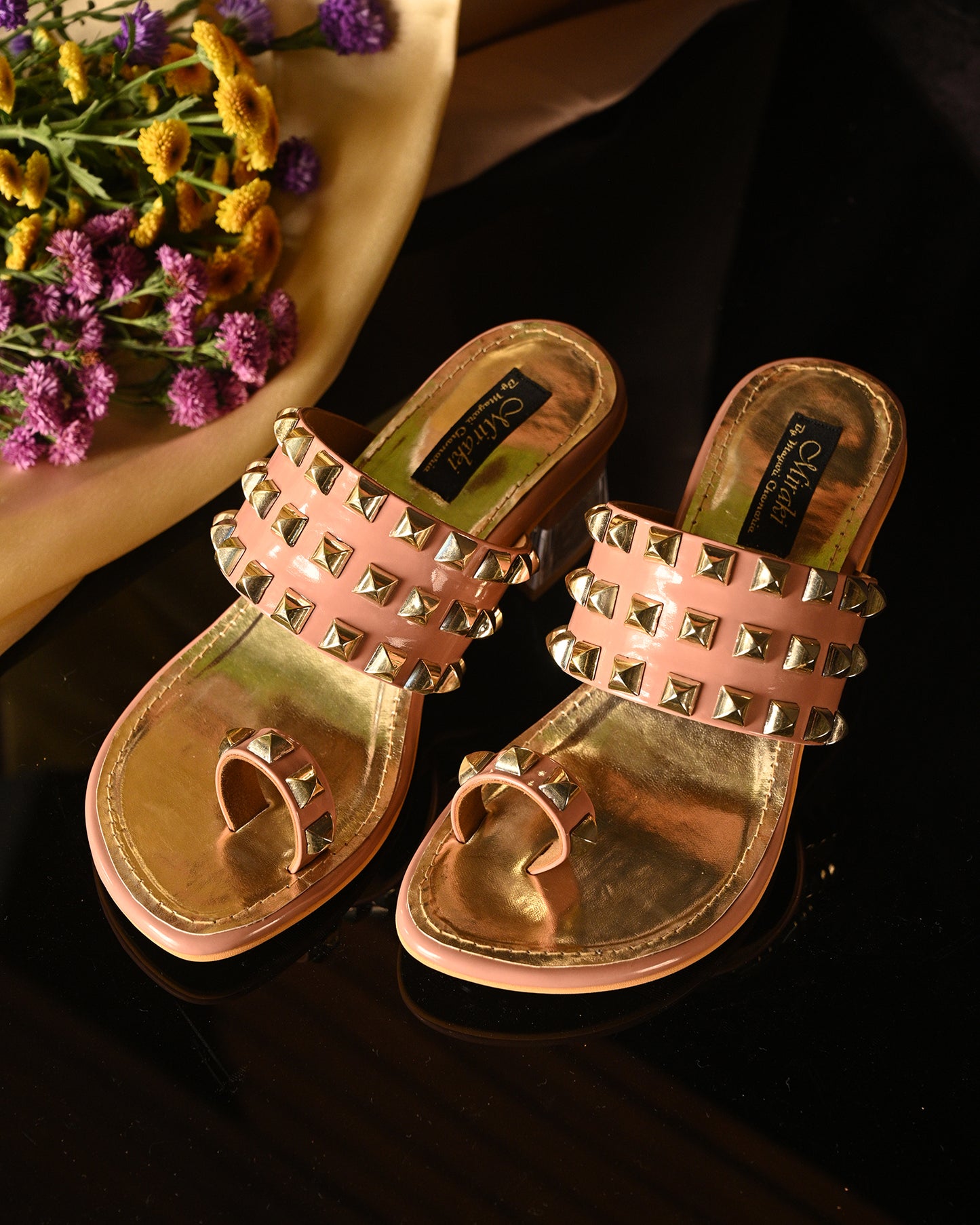 Patent Nude Heels With Gold Studs