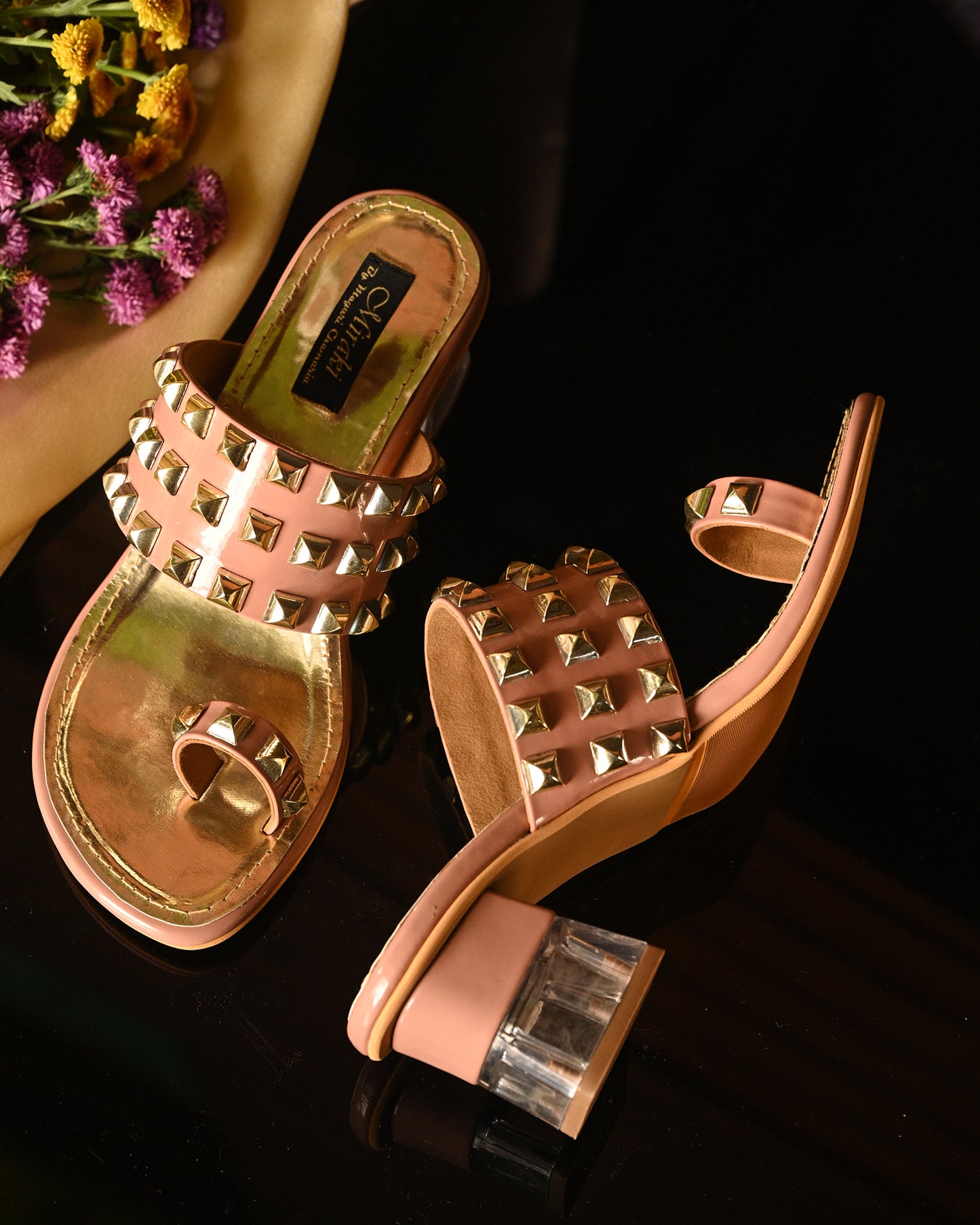 Patent Nude Heels With Gold Studs