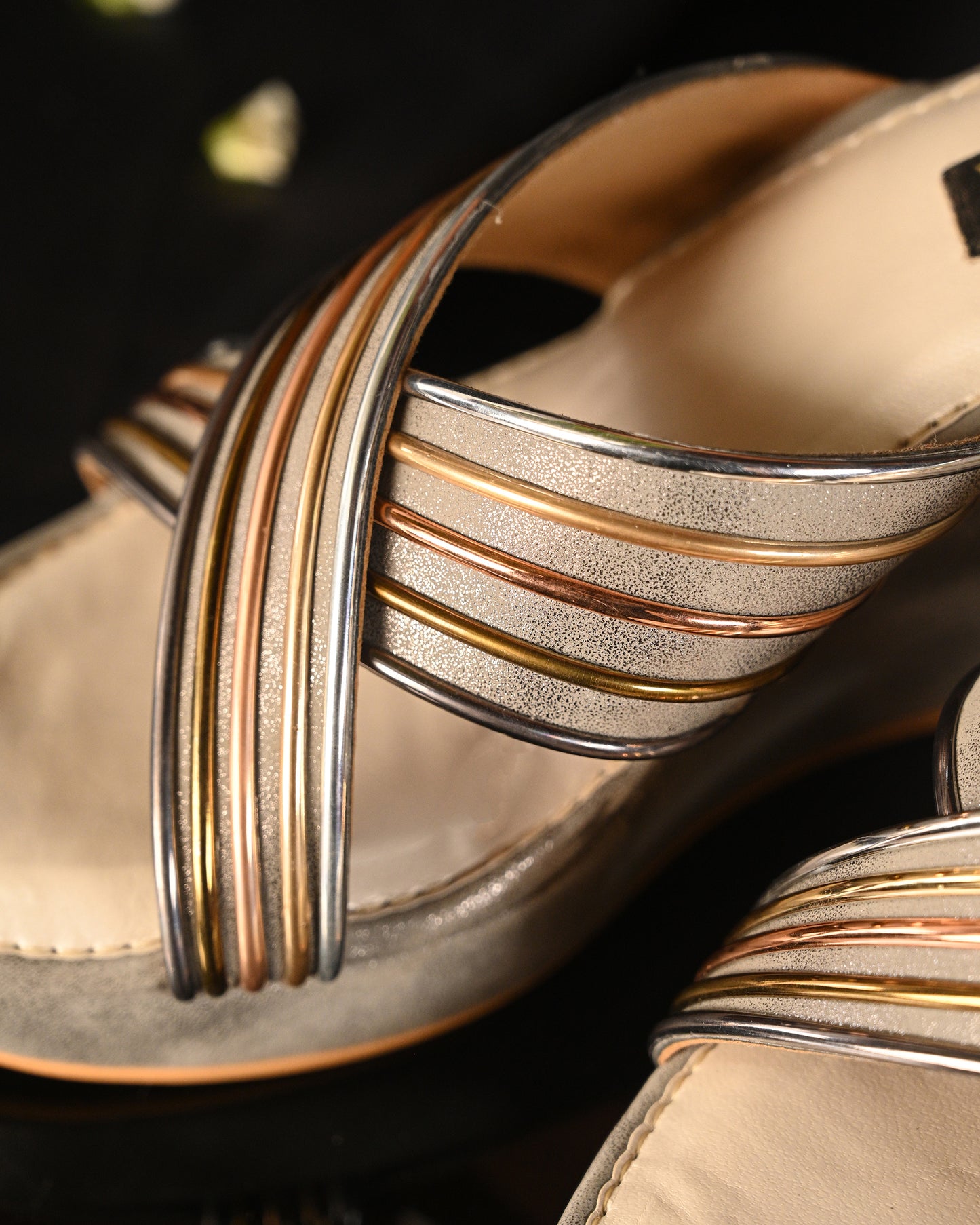 Metallic and Grey Cross Strap Wedge