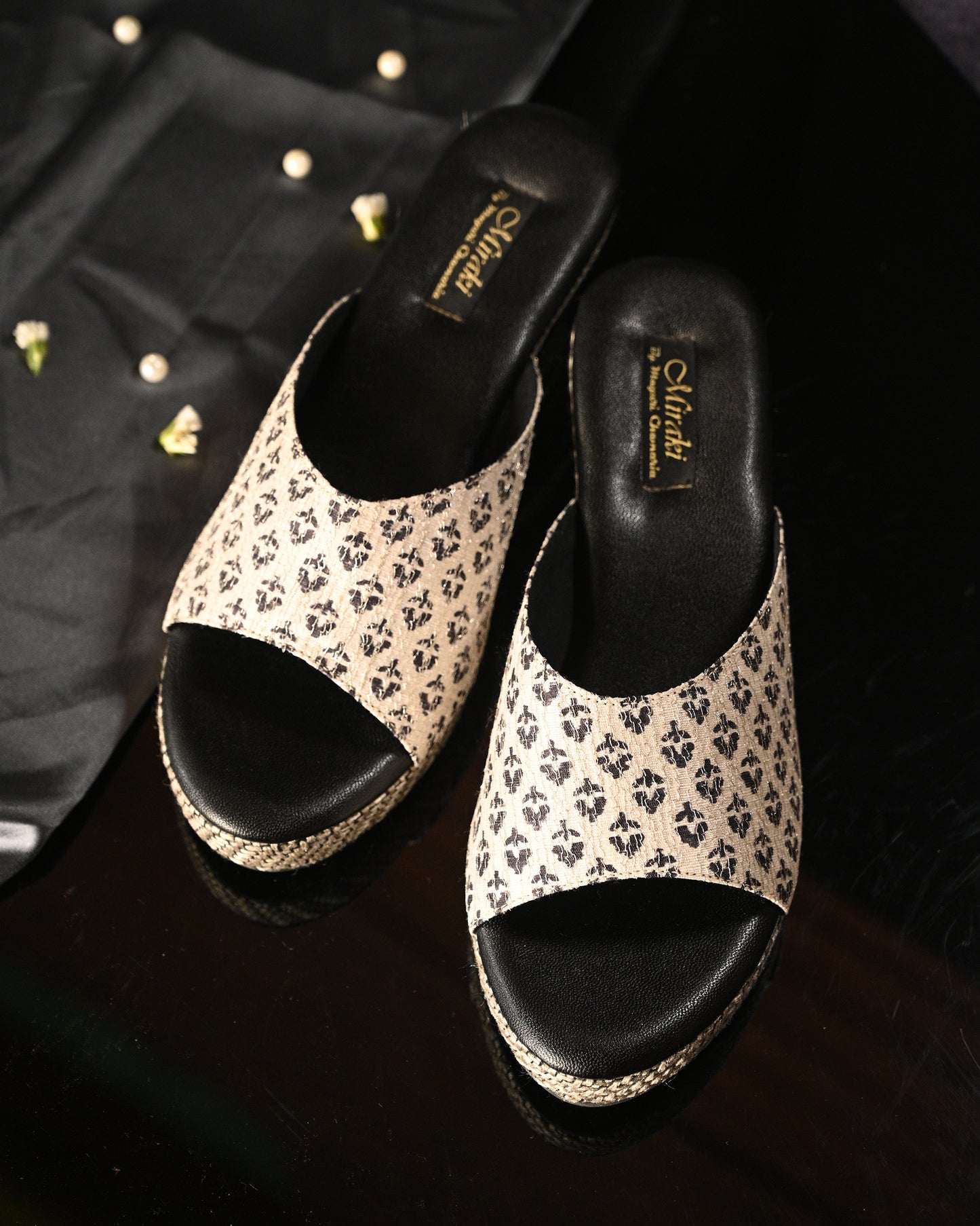 White Printed Slip Ons With Black Printed Detailing