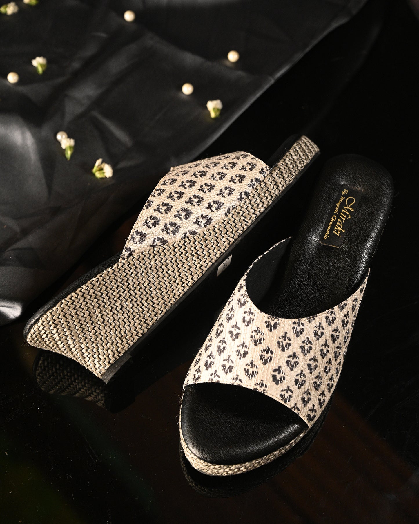 White Printed Slip Ons With Black Printed Detailing
