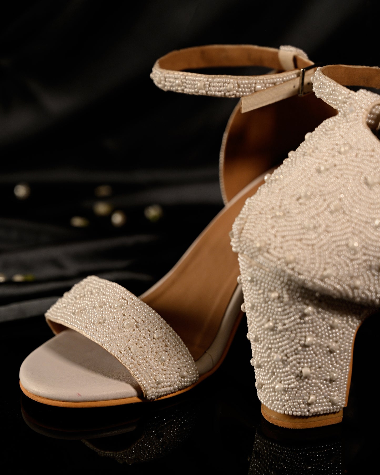 White Pearl Handwork Block Heels