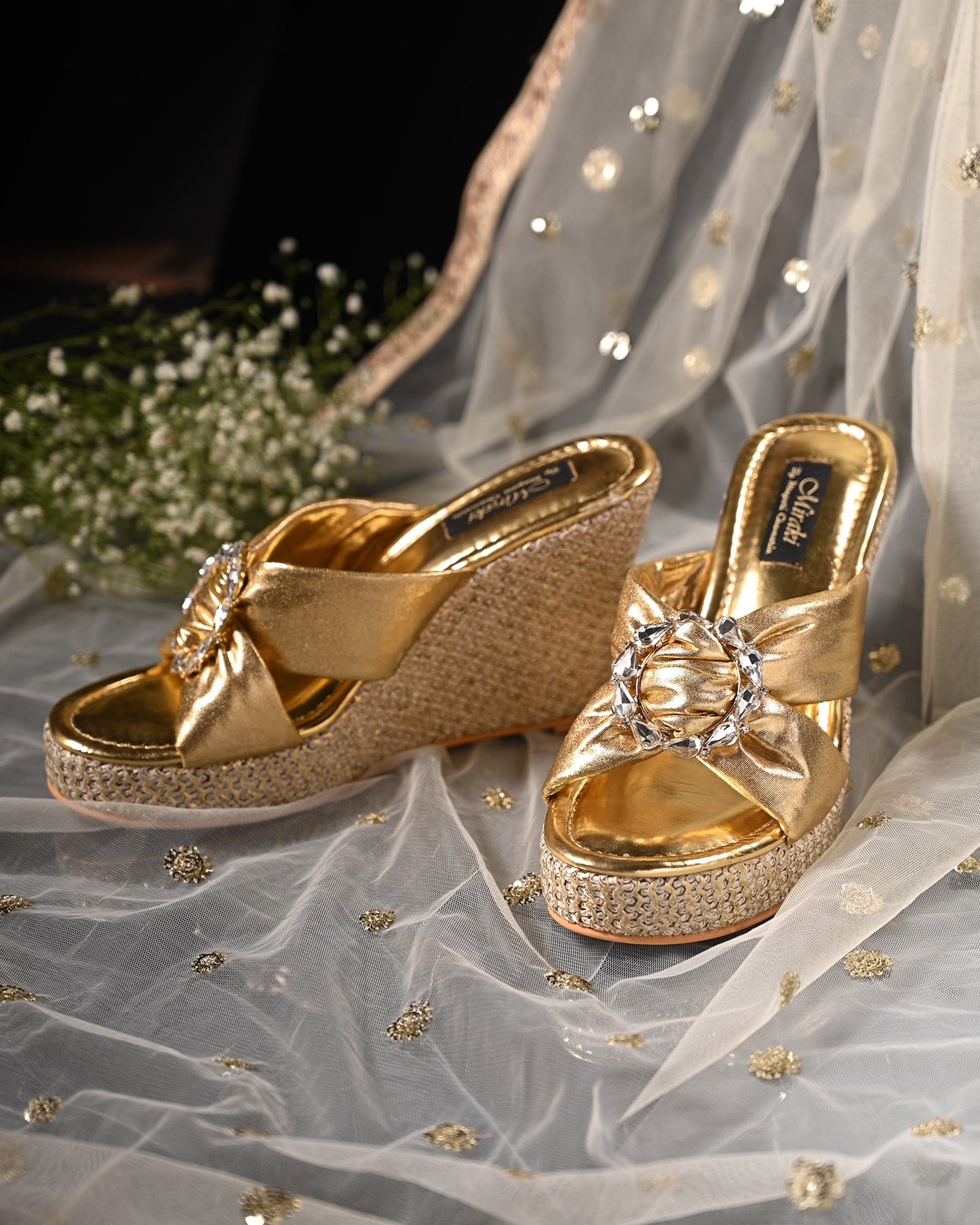 Soft Gold Cross Straps Wedge With Studded Brooch