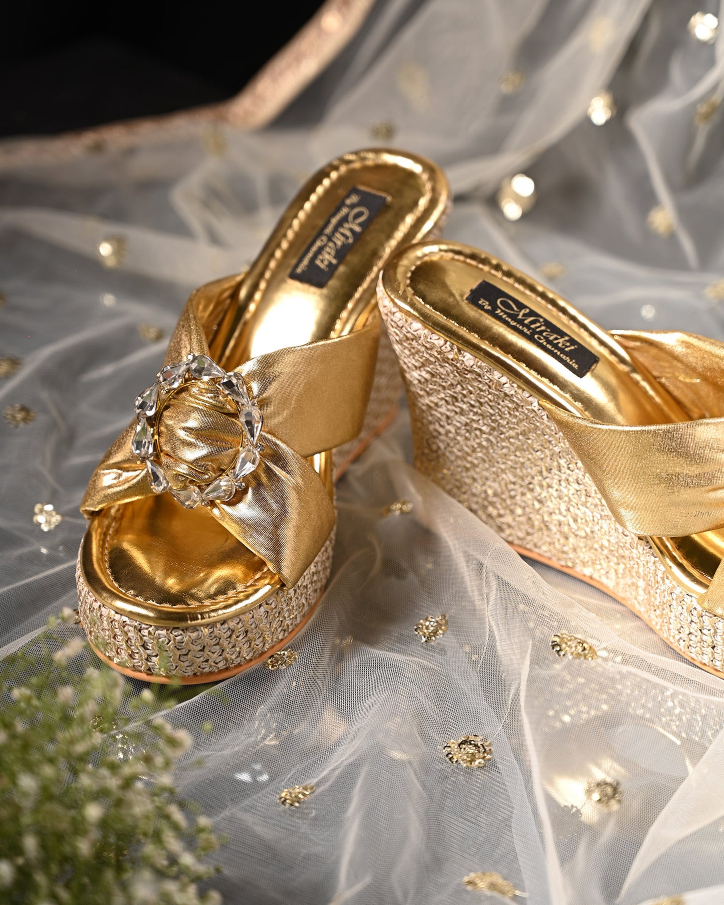 Soft Gold Cross Straps Wedge With Studded Brooch