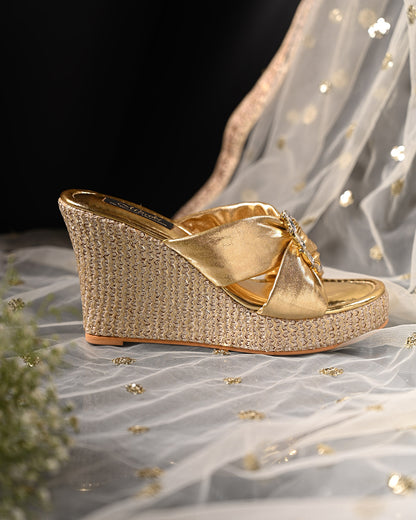 Soft Gold Cross Straps Wedge With Studded Brooch