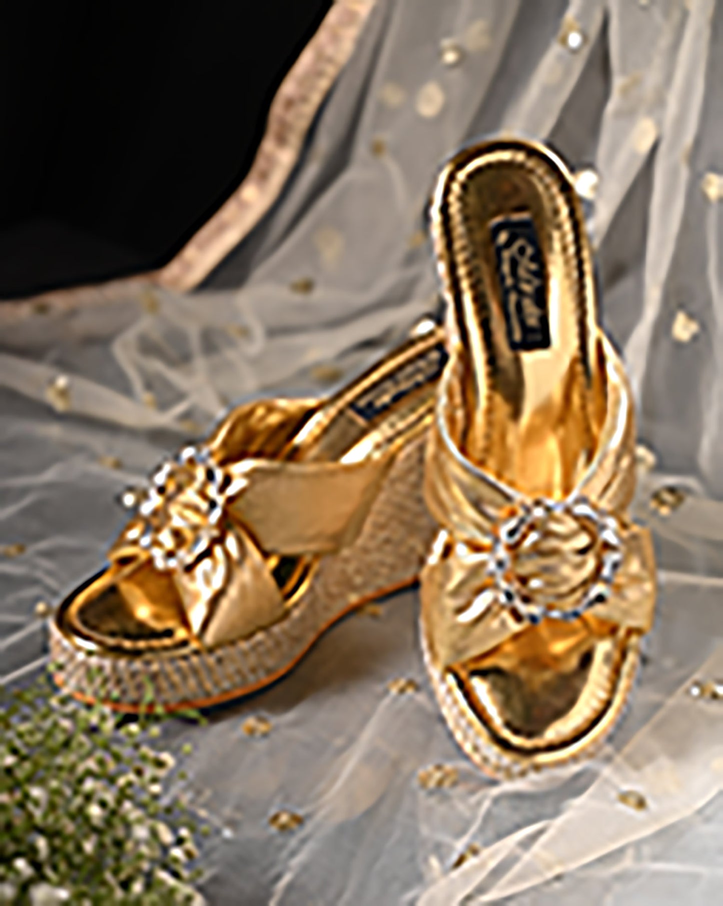 Soft Gold Cross Straps Wedge With Studded Brooch