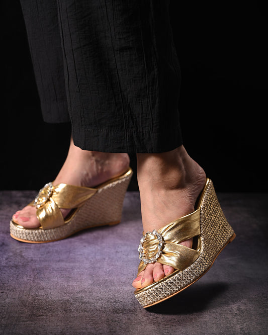 Soft Gold Cross Straps Wedge With Studded Brooch