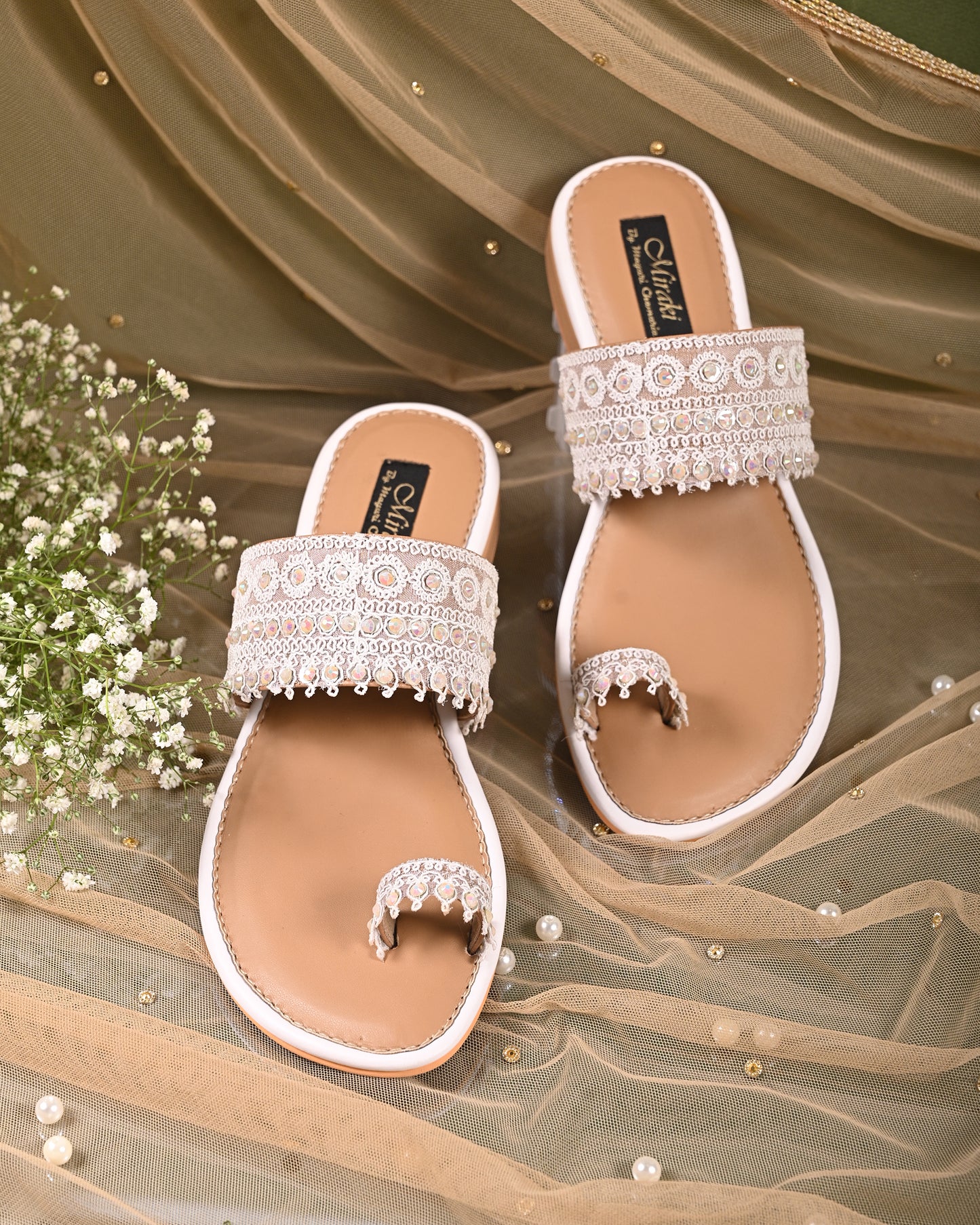 White Threadwork Flats