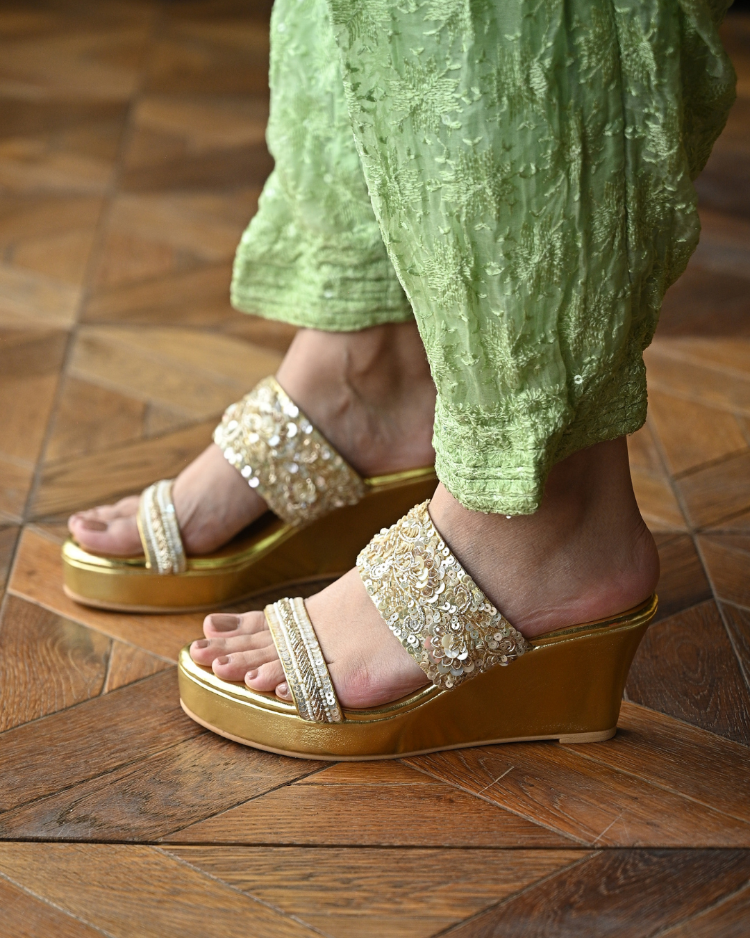 Gold Dual Strap Handwork Wedges