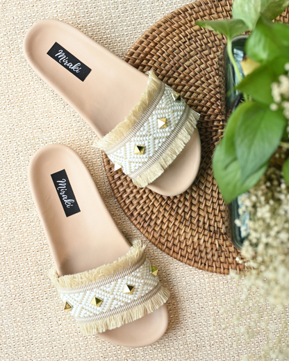 Beige Jute Studded Slides