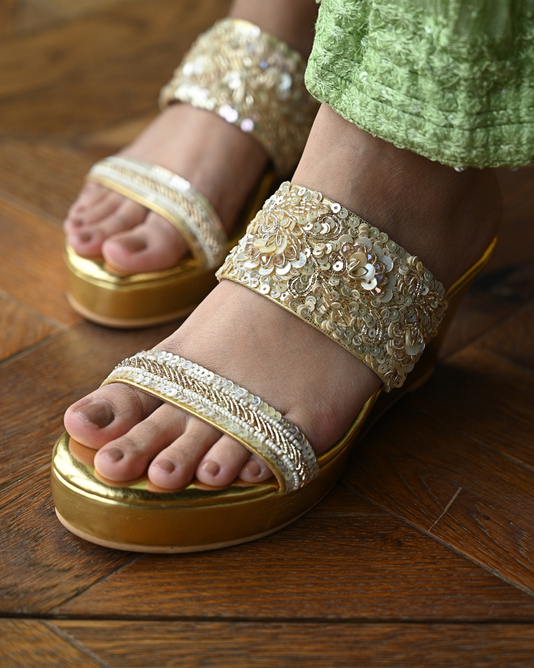 Gold Dual Strap Handwork Wedges