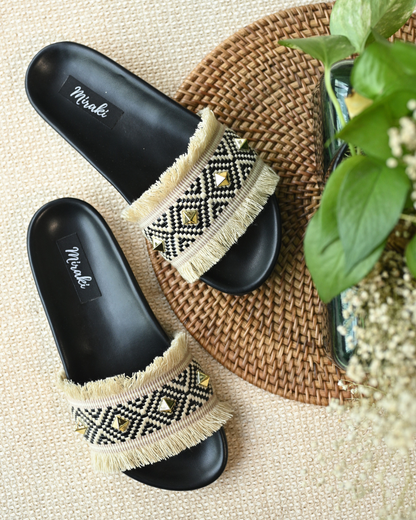 Black Jute Studded Slides