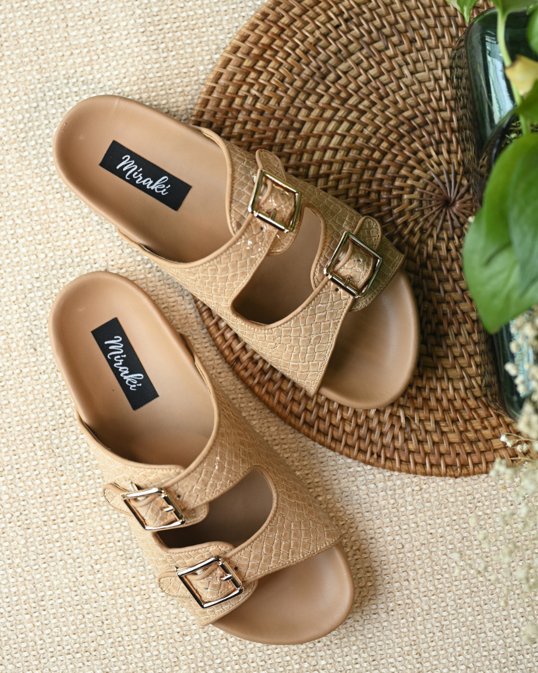 Textured Nude Patent Slides With Adjustable Buckles