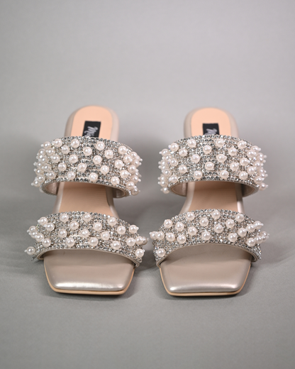 Pearl And Diamonds Embellished Block Heels