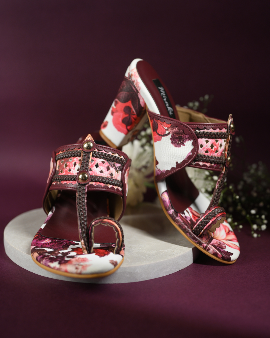 Floral Printed Kolhapuri With Block Heels