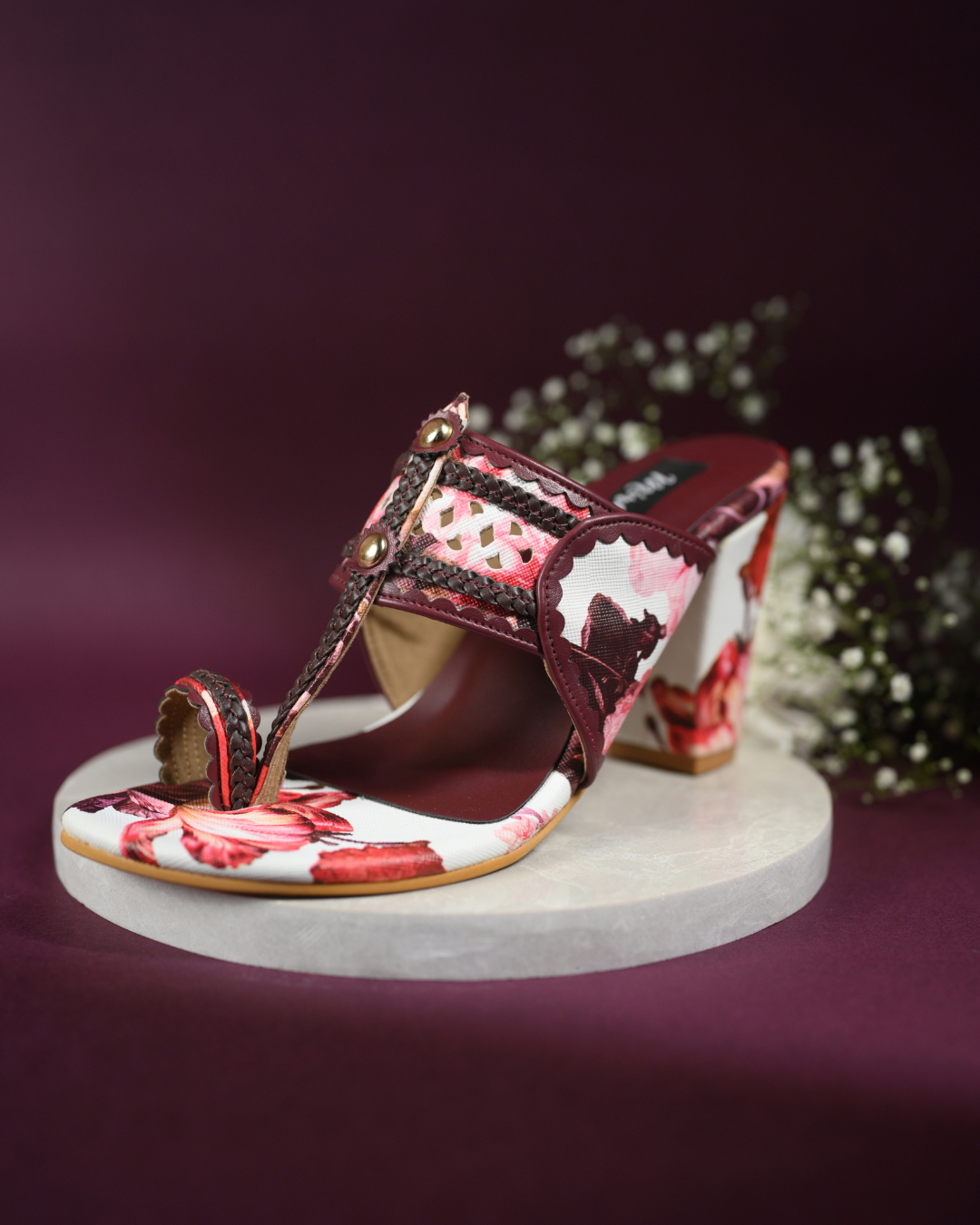 Floral Printed Kolhapuri With Block Heels