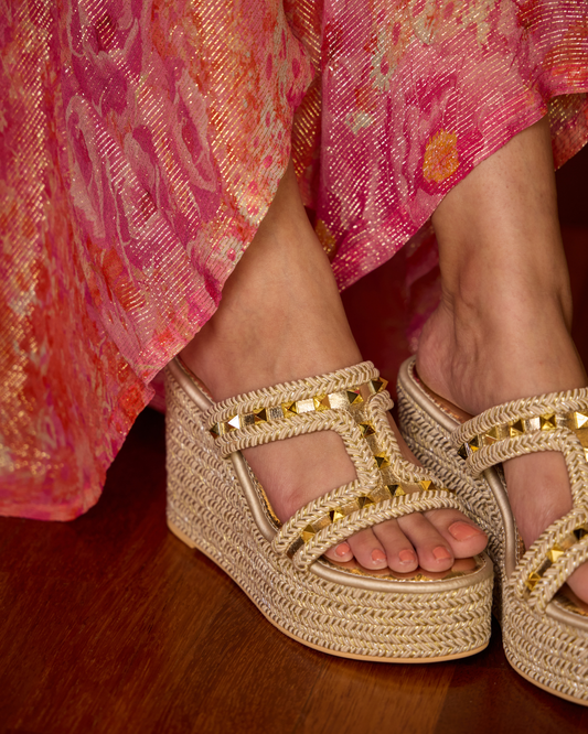 Woven Wedge Sandals with Stud Accents