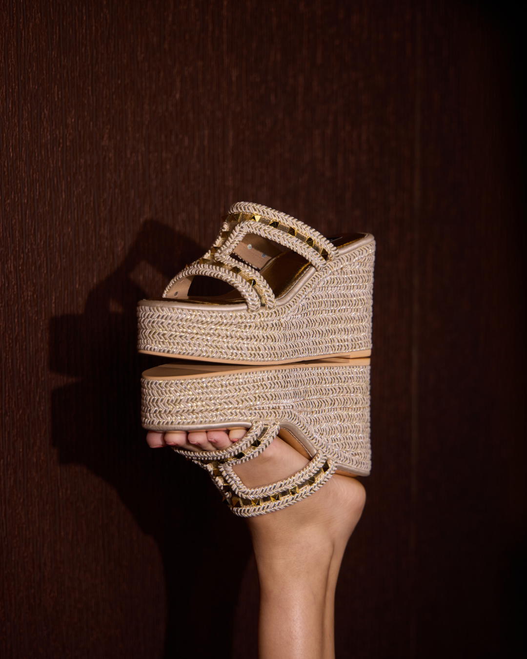 Woven Wedge Sandals with Stud Accents