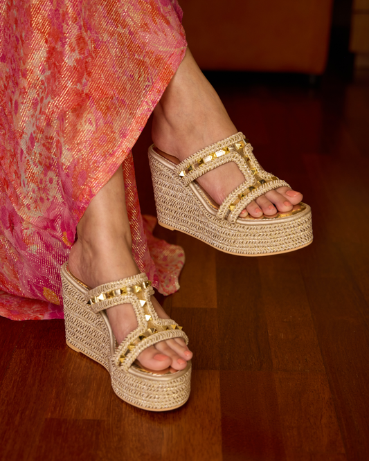 Woven Wedge Sandals with Stud Accents