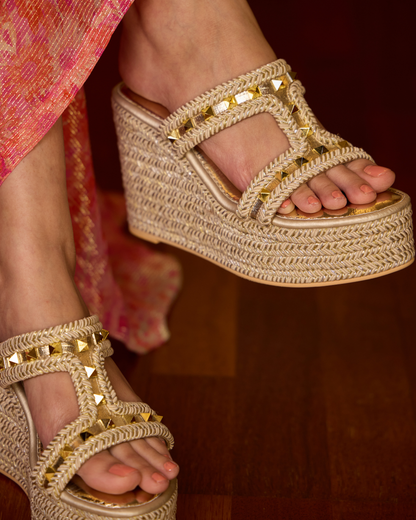 Woven Wedge Sandals with Stud Accents