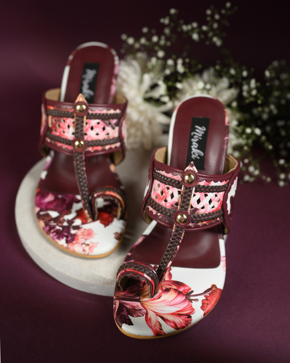 Floral Printed Kolhapuri With Block Heels