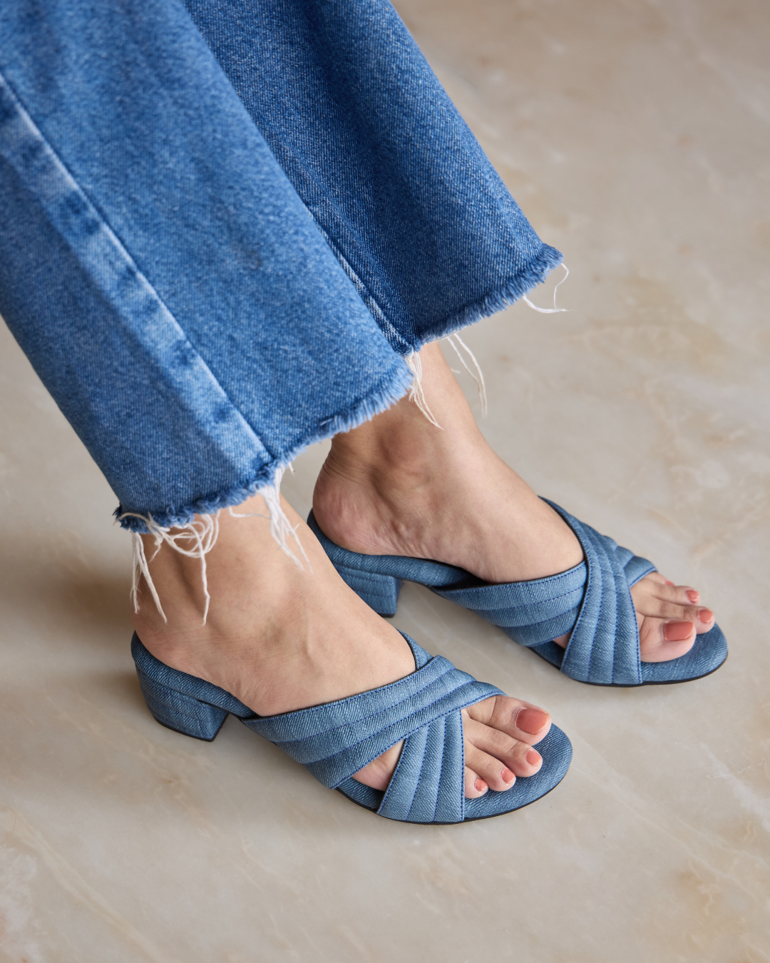 Denim Crisscross Slide Heels