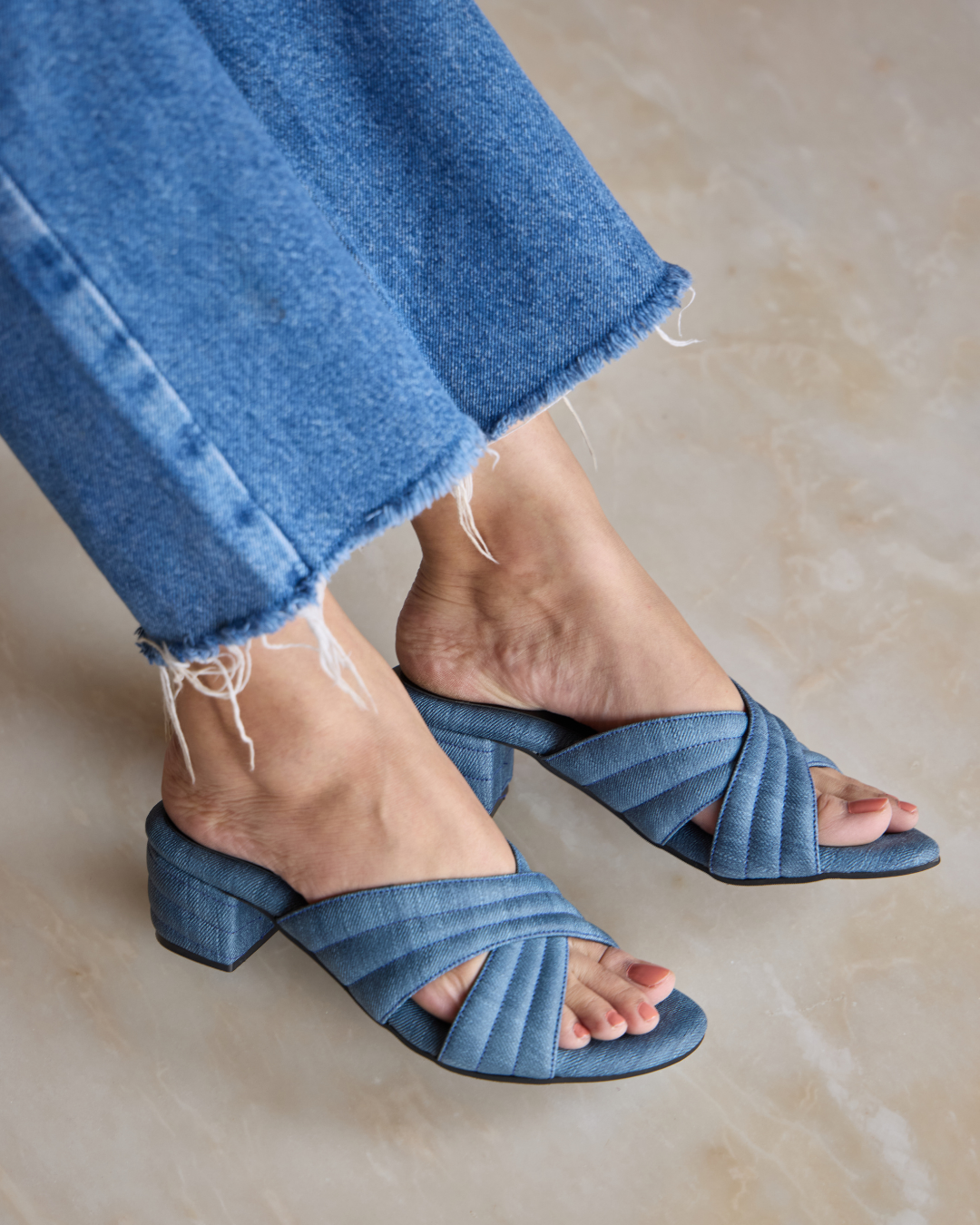 Denim Crisscross Slide Heels