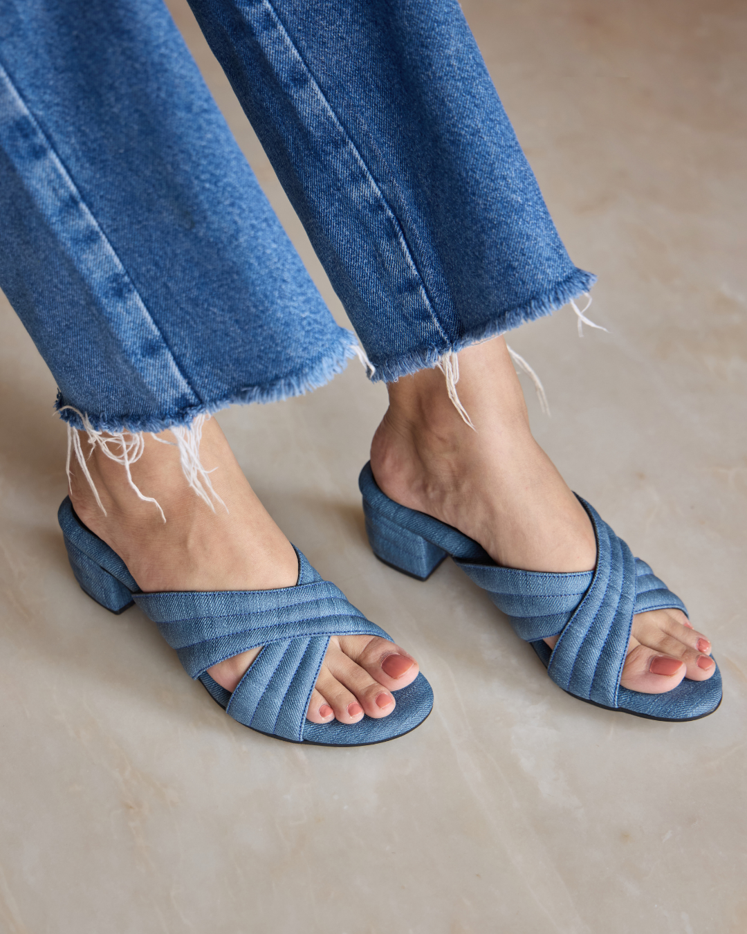 Denim Crisscross Slide Heels