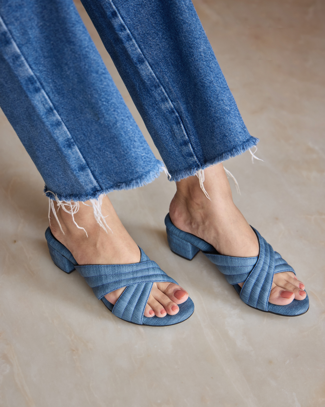 Denim Crisscross Slide Heels