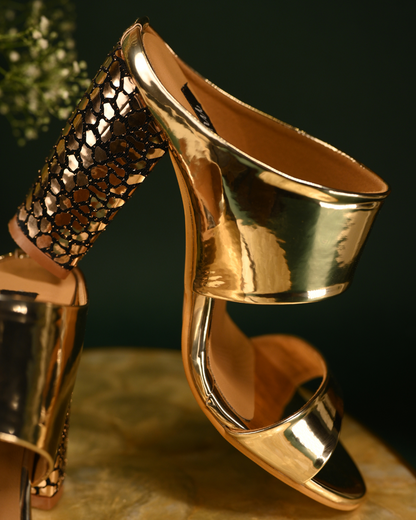 Gold Mirror Effect Slip On Block Heels