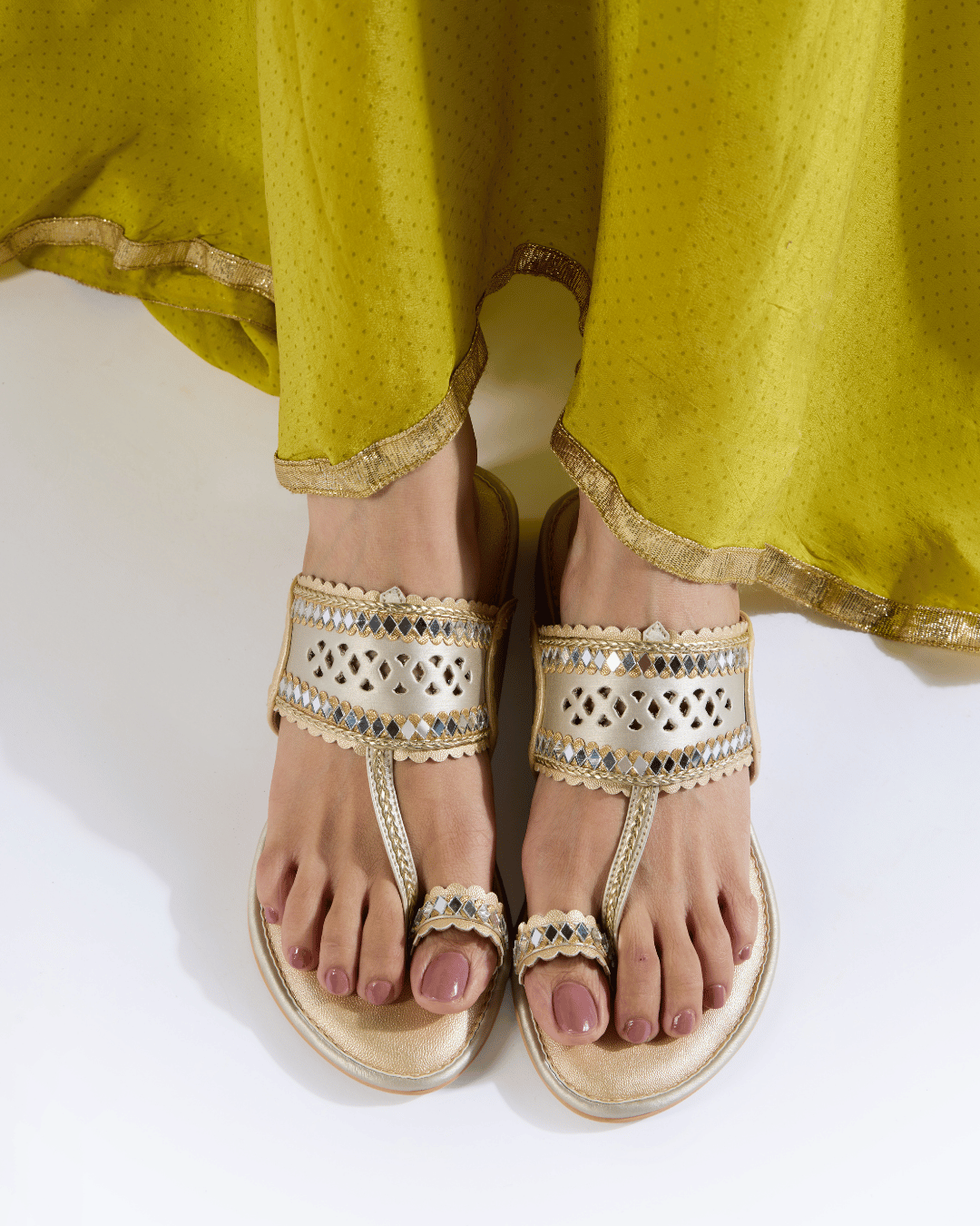 Champagne Gold Mirrorwork Kolhapuris