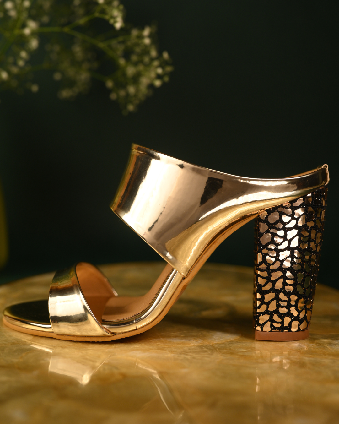 Gold Mirror Effect Slip On Block Heels