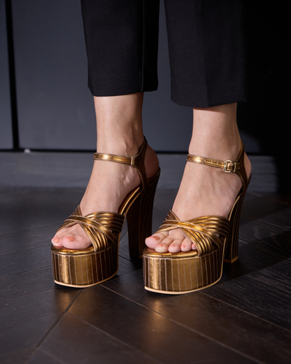 Antique Gold Block Heels With Stitching Details