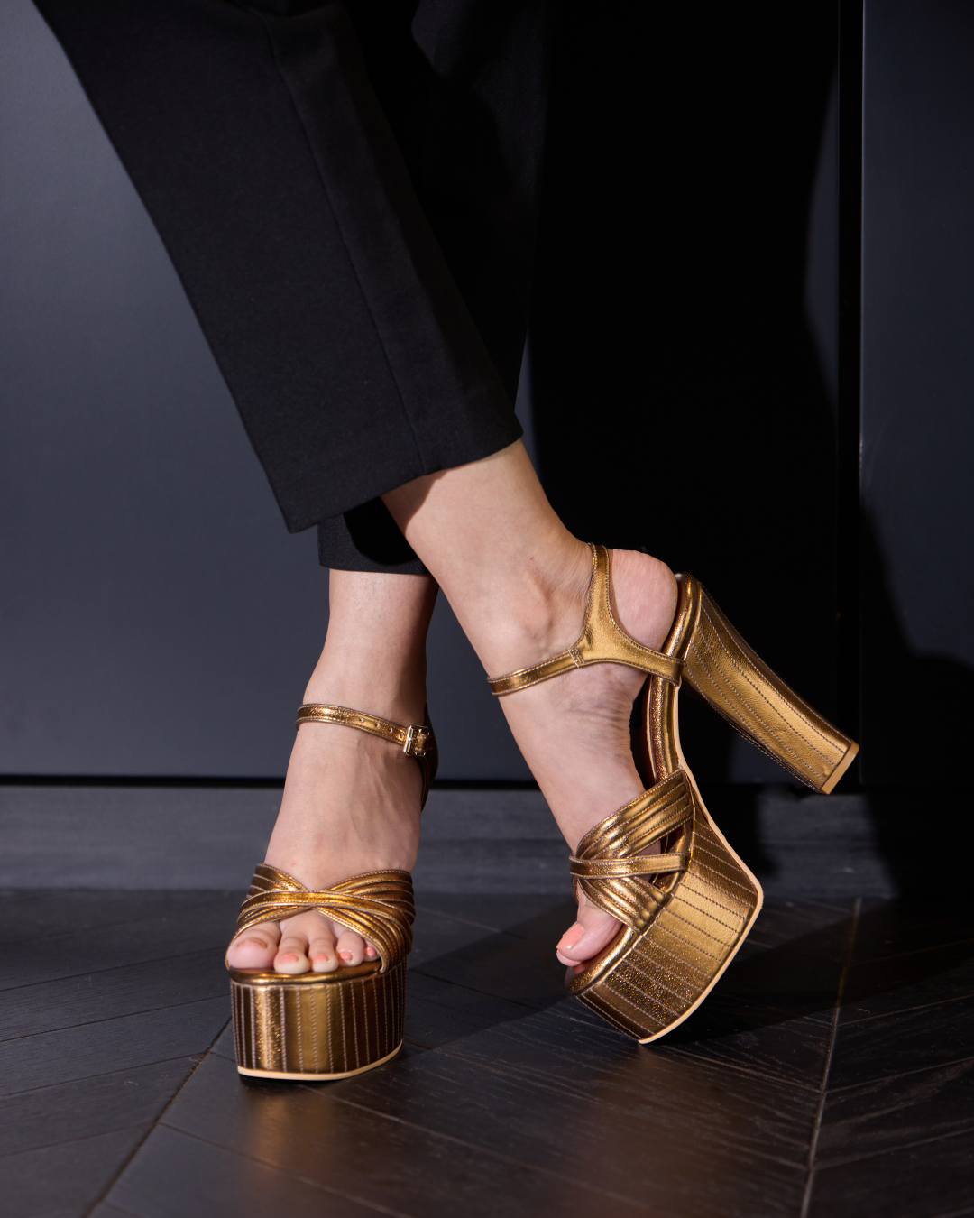 Antique Gold Block Heels With Stitching Details
