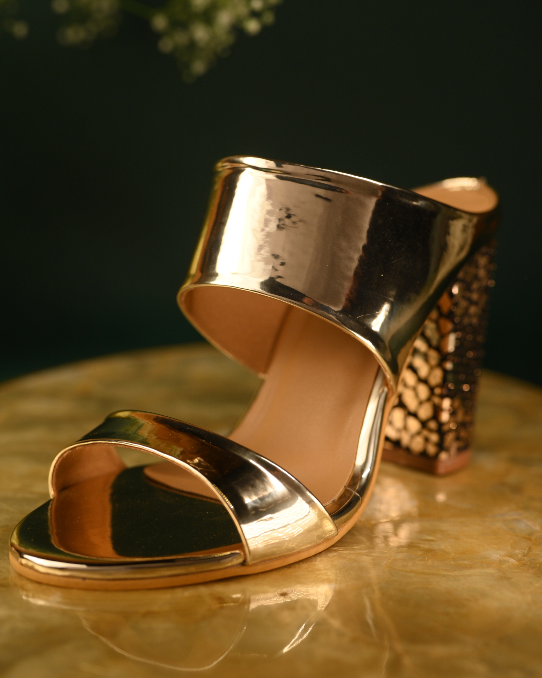 Gold Mirror Effect Slip On Block Heels