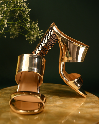 Gold Mirror Effect Slip On Block Heels